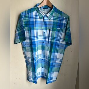 NWT Columbia Blue, Green & White Plaid Short-Sleeve Button-Up Shirt